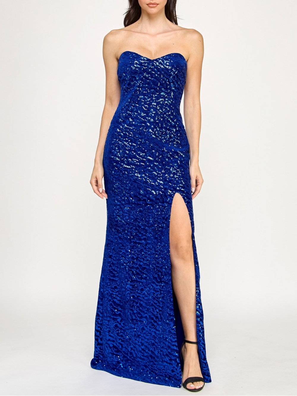 Royal Blue Strapless Sequin Dress with Thigh Slit